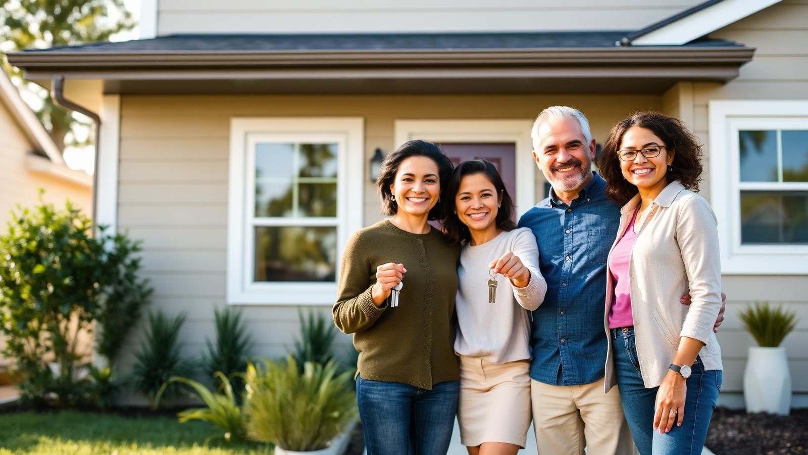 Family in front of their new home